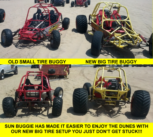Old Small Tire style buggy versus new BIG tire style buggy - climb any dune with ease!